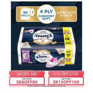 Kleenex Ultra Soft And Thick 4-Ply Toilet Tissue - 30 Rolls Plus Free Wet Toilet Tissue Flushable Wipes 40 Sheets