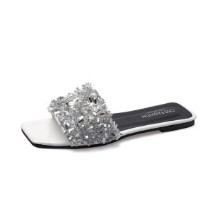 [Free Shipping] Fashionable Rhinestone Flat Slippers For Women New Summer Style Slip-On Design Perfect For Home Wear Featuring Small Rhinestone Embellishments