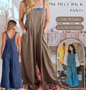Loose Back Strap Onepiece Casual Cotton Linen Jumpsuit Pure Color Jumpsuit