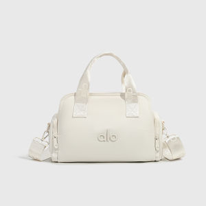 ALO Women Structured Nylon Doctor Bag Woven Top Handle Embossed Letter Side Zip Pockets Detachable Crossbody Strap Compact Handbag