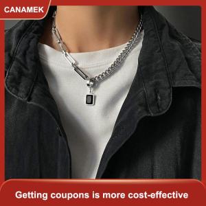 【CANAMEK 】 Creative Hip-hop Tide Simple Black Square Earrings Pendant Necklace Mens Dual-use Design Stainless Steel Stitch Necklace