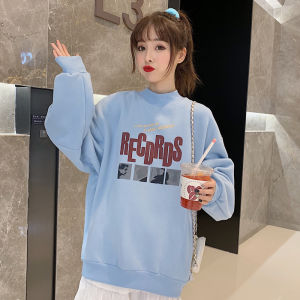 Sweater Wanita Kemeja Lengan Panjang Setengah Tinggi Kerah Longgar Cetak Kartun Pakaian Kebesaran Tebal Hangat Top