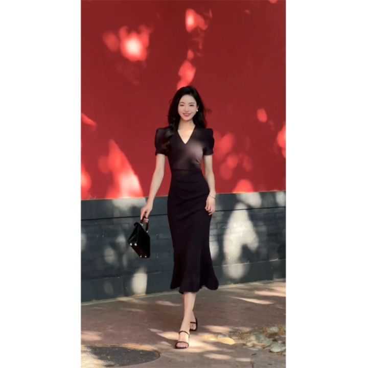 Formal Dress Black Dress Lazada Summer Black Dress Midi Short Sleeves A  Line French Cocktail For