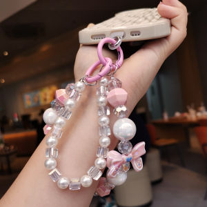 godessing Mobile Phone Lanyard Short Style Wrist Strap Bow Knot Handmade Beaded Bracelet Pendant Lanyard Anti-Lost Wide Wrist Strap