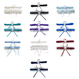 2Pieces White Lace Bridal Garters Set with Bows Pearls Flower Decoration For Romantics Event And Celebrations Accessory