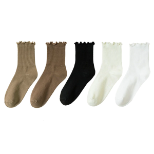 5 Pairs Stretchy Ruffle Turn Cuffs Ankle Socks for Women Girls Soft Ribbed Knitted Cotton Blend Frilly Crew Socks Gift