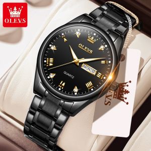 OLEVS Watch for women/men waterproof original pawnable korea style elegant luxury stainless steel dual calendar black watch for couple