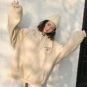 Gaya Korea Wanita Lengan Panjang Warna Polos Sweater Bertudung Atasan Sablon Huruf Longgar