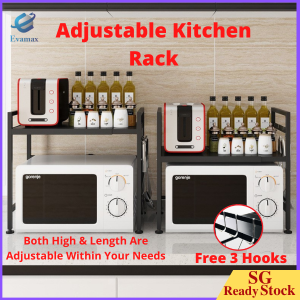 Adjustable Microwave Oven Rack Expandable Retractable kitchen Shelf with 3 hooks