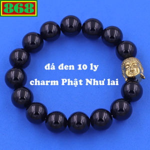 Vòng chuỗi đeo tay đá thạch anh đen 10 ly charm đầu Phật Như lai inox vòng tay phong thủy