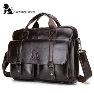LAOSHIZI LUOSEN Genuine Leather Mens Briefcase Business Computer Bag Fashion Messenger Bags Man Shoulder Bag