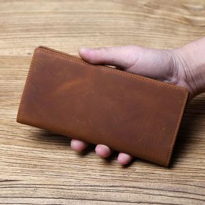 NZPJ Vintage Leather Mens Wallet Mad Horse Leather Long Cell Phone Bag First Layer Cowhide Multi-card ID Bag2026