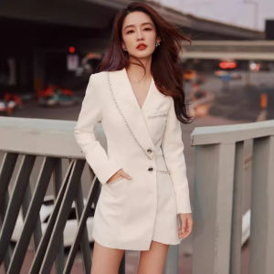 Female Suit Dress with Diamond Studded 2025 High End Celebrity style Goddess Jacket Pure Color Tuxedo for Women
