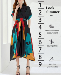 Silk Ribbon Dress V-Neck Long Dress Women Summer Holiday Short Sleeve Dress Printed Slim High Waist Dress