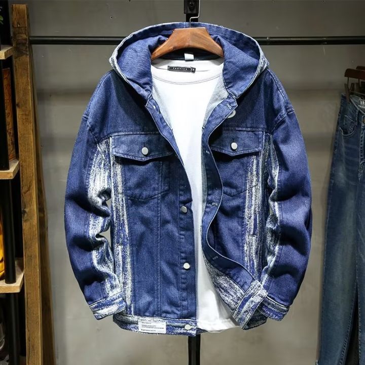Streetwear Plain Jean Jackets MARK BELT Denim Jacket Mens Hooded