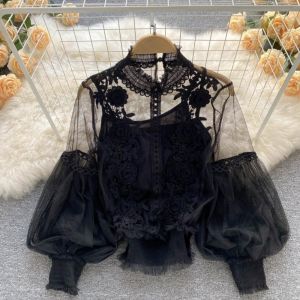 METALIX 2Pcs/Set Vintage Long Sleeve Blouse Lace Puff 3D Flower Women Shirts Clothing Summer Casual Cropped Top Women