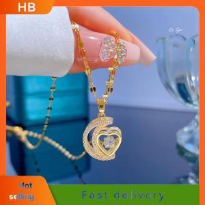 HB Stainless Steel Crystal Moon Heart Pendant Necklace For Women New Trend Girls Fine Chain Birthday Jewelry Gifts