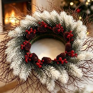 YERZ Red Berries Christmas Wreath Pinecones Snow Flocked Artificial Pine Garland Wreath Christmas Cone Rattan Ring Xmas Ornament Winter