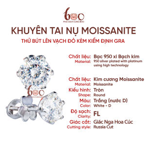 Khuyên Tai Nụ Kim Cương Moissanite Giác Nga Hoa Cúc Kiểm Định GRA Bạc 950 Xi Bạch Kim (Đủ Size Từ 5.4 ly đến 9.0 ly)