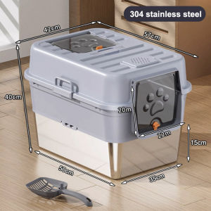 Big Large Cat Litter Box With Cover Scoop Fully Enclosed Cat Toilet Splash Proof Cat Potty Poop Tray Stainless Steel Cat Litter Box
