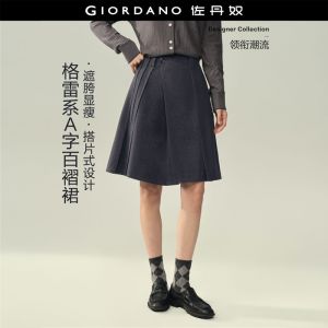 Giordano Women Asymmetric pleated knee length skirt Free Shipping 18466229