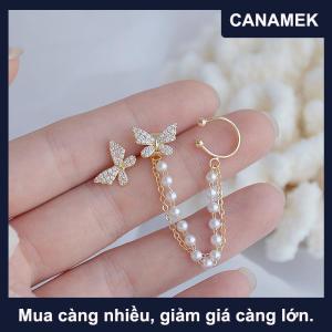 【CANAMEK】 Phụ nữ cổ điển không đối xứng bướm earbone Bông tai Ngọc Trai Chuỗi Bông tai trang sức cho phụ nữ sinh nhật bên món quà