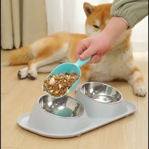 Pet Food Bowl Stainless Steel Double Bowl for Cat & Dog Neck Protection Bottom Non-Slip Rubber Feet