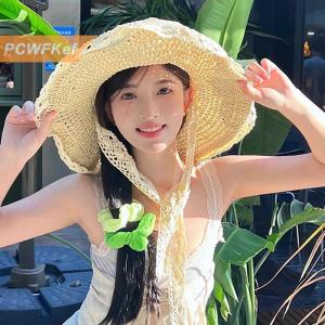 【PCWFKef】 Ren ren rỗng mũ rơm cho phụ nữ mùa hè bãi biển đi chơi thoáng khí mặt trời bảo vệ Lớn Vành mũ mặt trời