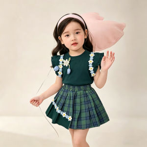 Sundaykids Girls Skort Set Green Flysleeve Top With Skirt Set Terno For Kids Girl