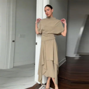 Women Camel Draped Two Piece Set Elegant Mock Neck Ruched Waist Top Asymmetric Midi Skirt 2026 Casual Daily Date Office Outfit2026