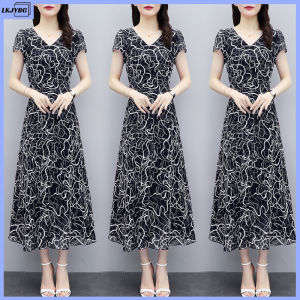 LKJYBG Women Short Sleeves Dress Sweet Floral Printing Elegant V Neck High Waist Large Size Dress