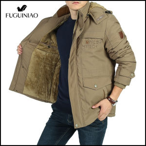 FUGUINIAO Mens multiple pockets outdoor winter jacket thick warm polar hooded trench jacket large size military coat