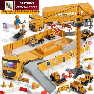 Bộ hộp xe đồ chơi container công trình xây dựng có đèn nhạc chất liệu hợp kim kèm nhiều phụ kiện tháp treo cần cẩu