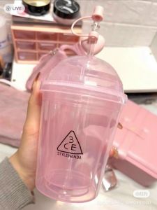 Ly uống nước mà hồng kèm nắp ống hút nút chặn trái tim 3CE dễ thương Atho