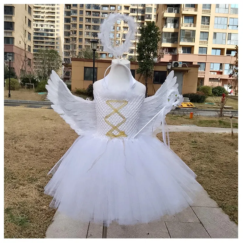 Girls Angel Costume Set - Fancy Dress With Halo & Belt, Child's Halloween Or Christmas Outfit