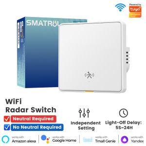 SMATRUL Tuya WiFi Smart 10G Human Induction Radar Motion Sensor Switch 2-in-1 Neutral & No Neutral Wire 110-240V Smart EU Wall Light Button Switch Remote Control Timing Alarm Voice App For Tmall Genie Alexa Google for Smart Home