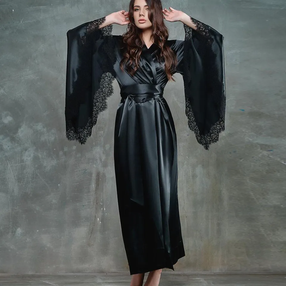 Women's Plus Size Long Satin Black Robe