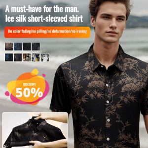 Mens Silk Short-Sleeve Shirt Stylish Pattern Beach Business Short-Sleeve Shirt Casual Wrinkle-Free Short-Sleeve Shirt