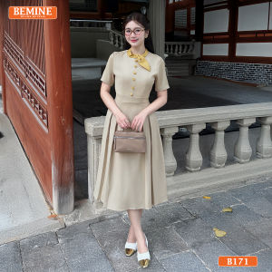 Đầm thiết kế BEMINE cổ trụ phối viền nơ đính cúc dáng chữ A phù hợp đi làm-B171
