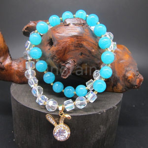 (SG Stock) 2 rounds Natural Amazonite Austria White Crystal Beads Zircon Rabbit Elastic Bracelet Rhinestone天然天河石奥地利白水晶锆石