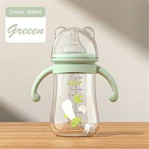 JUNCHUANG ขวดนมสำหรับเด็กวัสดุซิลิโคนขนาดเส้นผ่าศูนย์กลางกว้างพร้อมที่จับ ขวดนมป้องกันท้องอืดและล้มฟรี BPA ทำความสะอาดง่าย