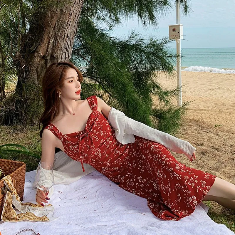 PM Korean style floral slip dress summer vacation style beach long dress  women new style 2024 | Lazada PH