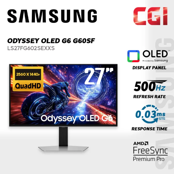 Samsung 27" Odyssey QD-OLED G6 G60SF LS27FG602SEXXS QHD TrueBlack 500 G-Sync 500Hz 0.03ms Ergonomic CoreSync Gaming Monitor
