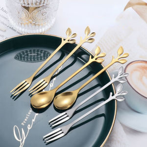 Stainless Steel Fruit Fork Dessert Spoon Fashion Leaf Shape Cutlery For Dessert Snack Afternoon Tea Three-tooth Fork Family Party