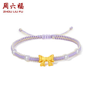 ZHOU LIU FU 周六福 24K Solid Gold Bow Bracelets for Women Freshwater Pearl Bracelets Adjustable Korean Style Cute Purple Braided Bracelet for Girls