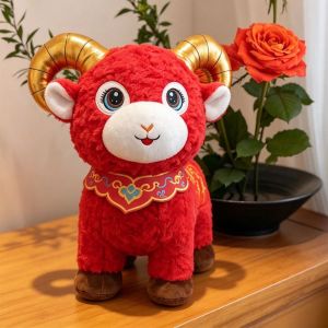 XYAX Red Zodiac Sheep Doll Cute Soft Plush Lamb Toy Fortune Cushion Ornament Chinese 2027 Ram Mascot Springtime Celebration