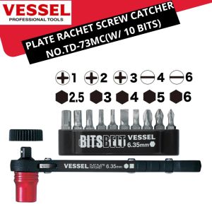 VESSEL Set Obeng Rachet Bit 10 Pcs No.TD-73MC Plate Rachet Screw Catcher Plus Minus Hexagonal Magnet