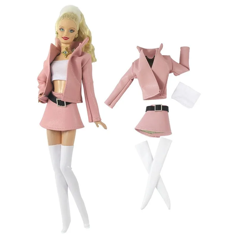 Pink Fashion Leather Coat Skirt Outfits For Barbie Doll Clothes Set Fashion  Top Jacket Skirt Stocking for Barbie 1/6 Accessories