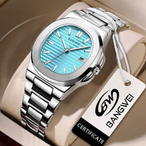 LIGE Sub Brand BANGWEI New Watch Men Business Waterproof Clock Luminous Date Stainless Steel Square Quartz Men Watch + Box