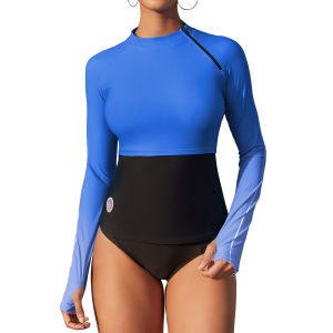 CHARMO Womens UPF 50+ Rash Guard Long Sleeve Swim Shirt Gradient Color Block Swim Top with Shoulder Zipper ( No Bottom )